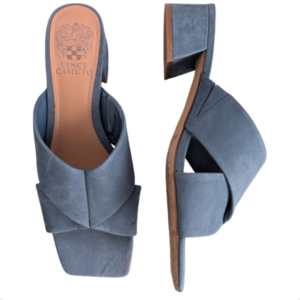 Vince Camuto Seedanta Blue Haze Suede Slide Block Heel Sandals Size 8M